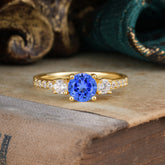 Round Cut 4 Prong Sapphire Engagement Ring Three Stone Promise Ring Four Claw Prong Setting